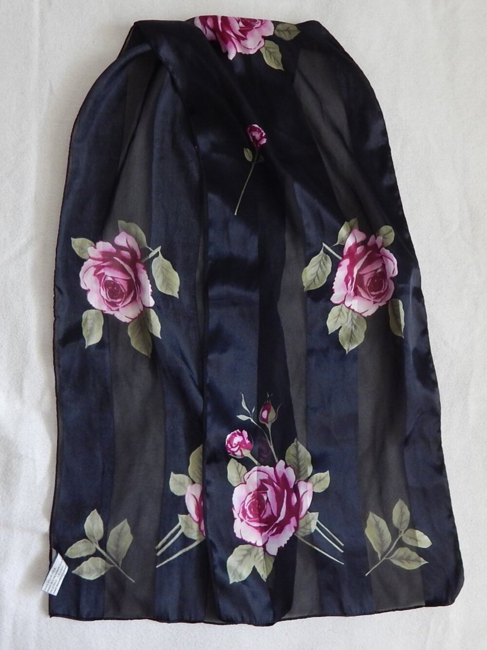 Elaine Gold Floral Print Scarf - Vintage Sheer Black Pink Roses